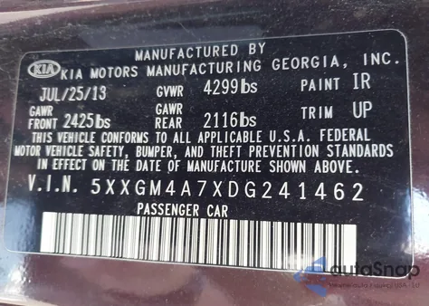 2013 Kia Optima Lx z USA, uszkodzony, nr VIN 5XXGM4A7XDG241462